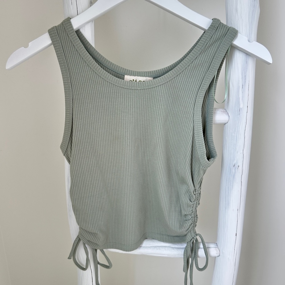 C’isa Ribbed Cropped Tank Top with Side Drawstrings — Sage Green Size Small